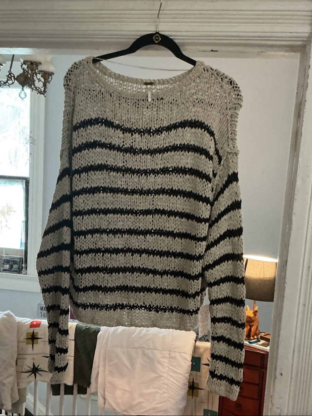 Free People Cream and Black Striped Open-Weave Crewneck Sweater